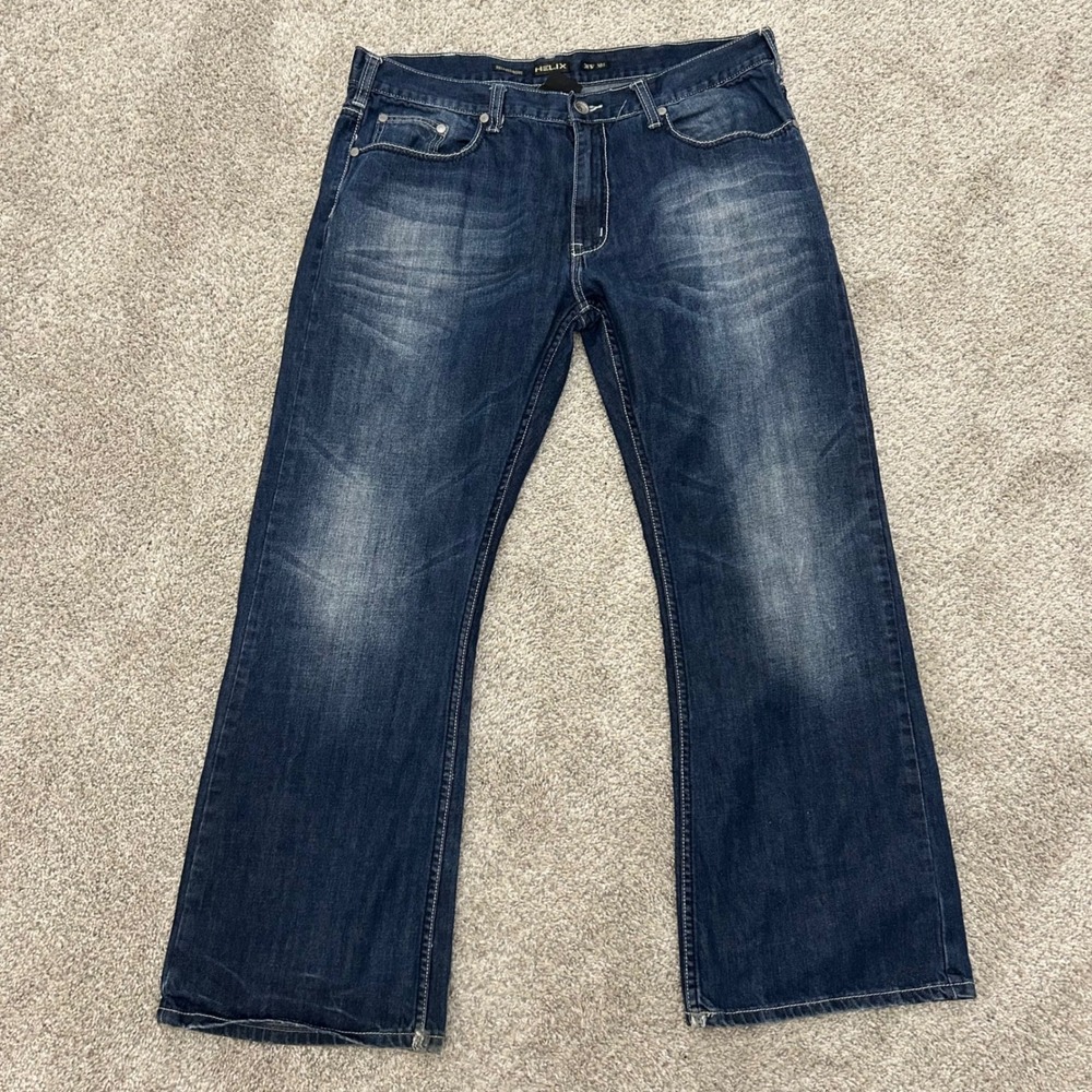Helix Relaxed Bootcut Jeans 38x30 Blue Dark Wash Distressed Denim Mens